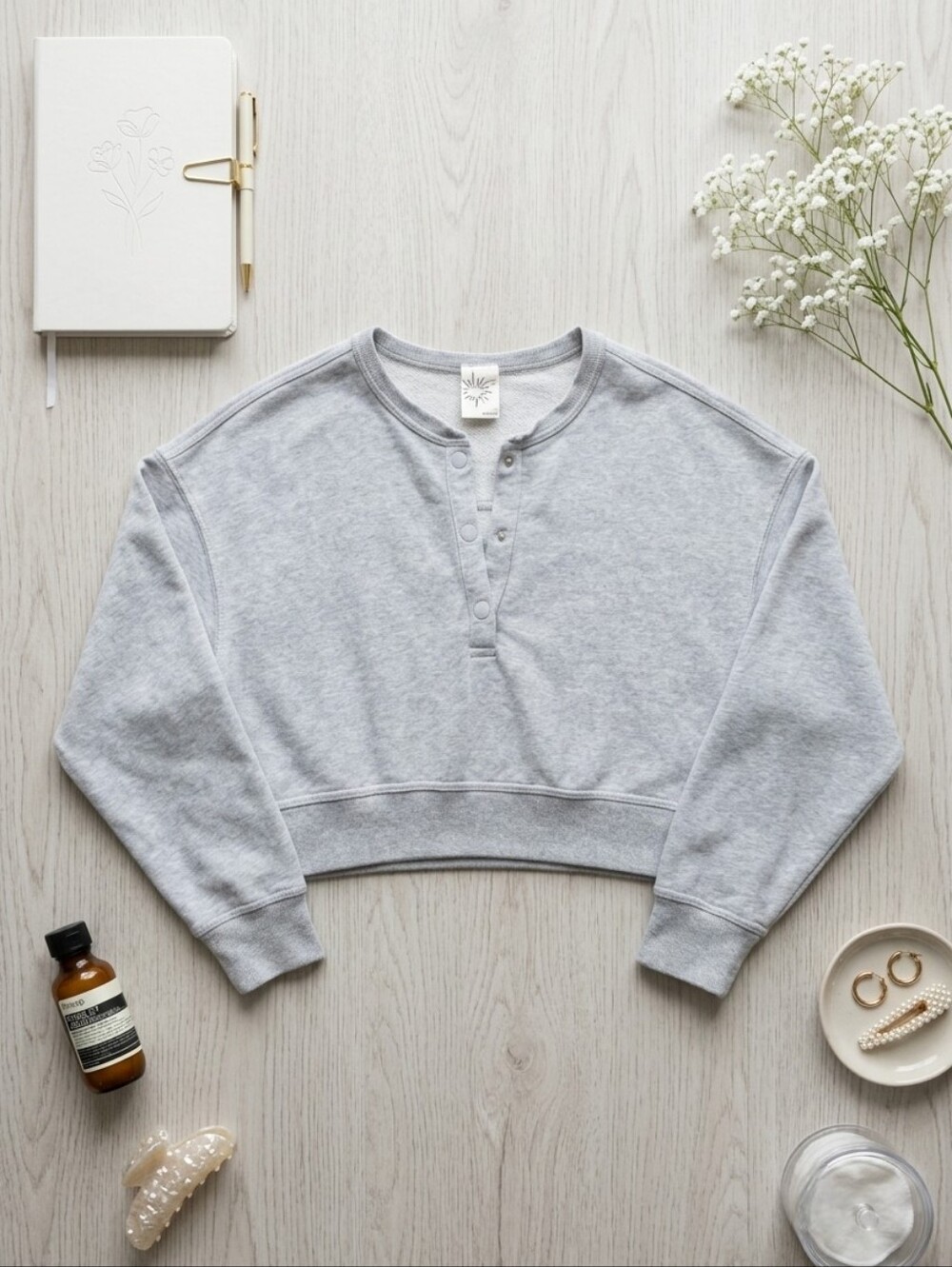 Aerie OFFLINE Throwback Snap Henley Sweatshirt Gray Cropped Pullover Size Large